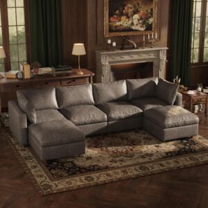 128'' Faux Leather Modular Sectional Sofa with Storage, Oversized Mid Century Modern Leather Sectional Couche for Living Room, 4 Seater Deep Seat Couch with 2 Storage Ottoman, U-Shaped, Gray